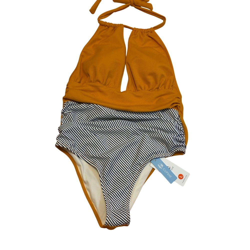 Cupshe Womens Mustard Yellow and Striped Keyhole Halter One Piece Swimsuit L